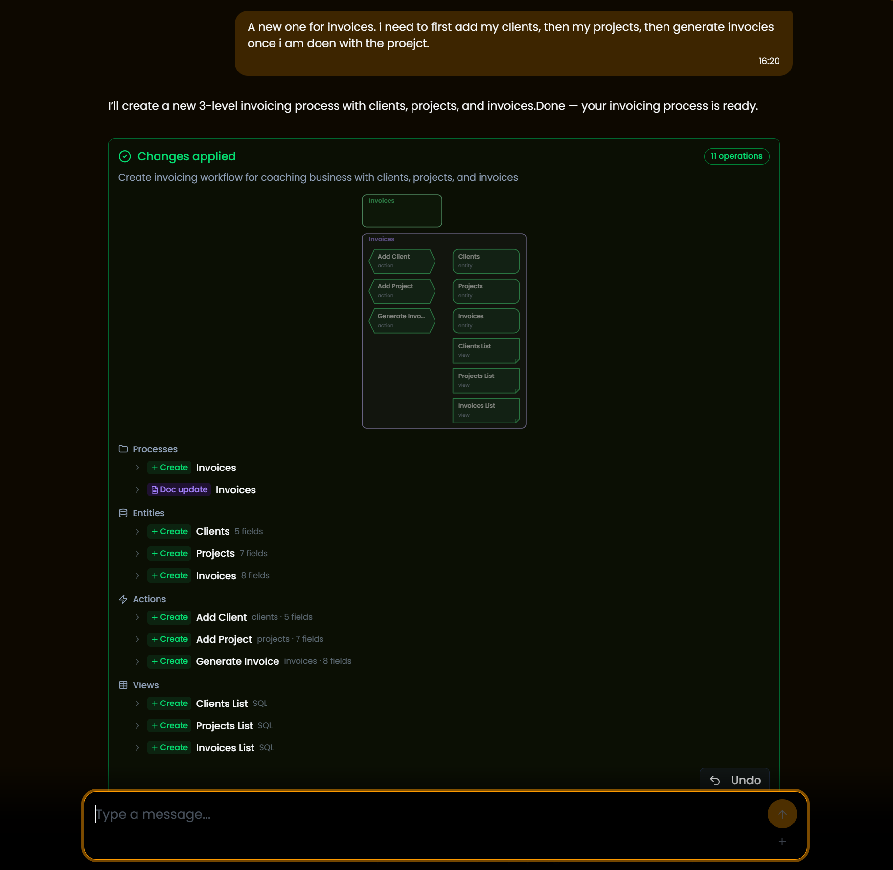 AI building a process via chat conversation