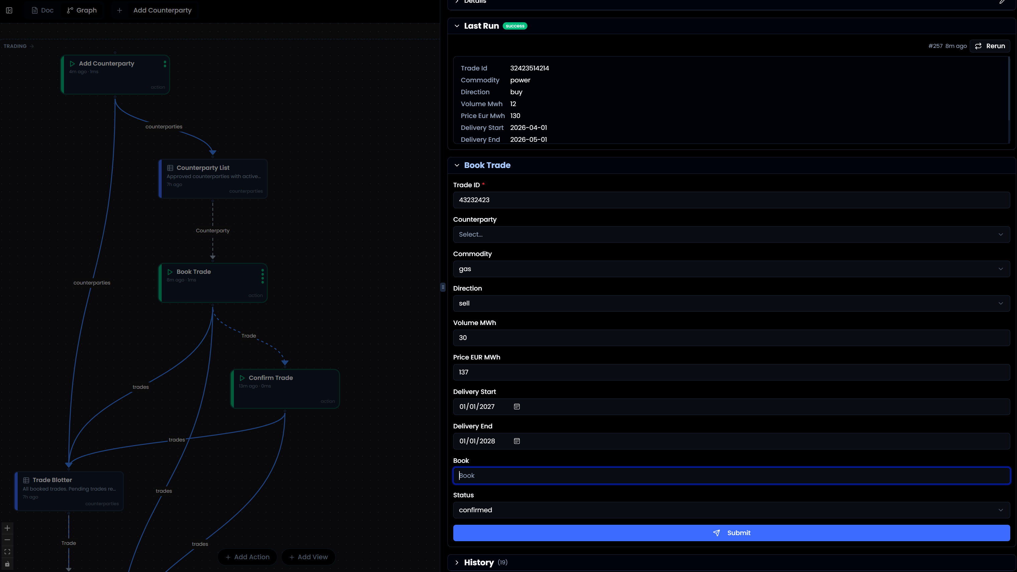 Process graph with action form for booking trades