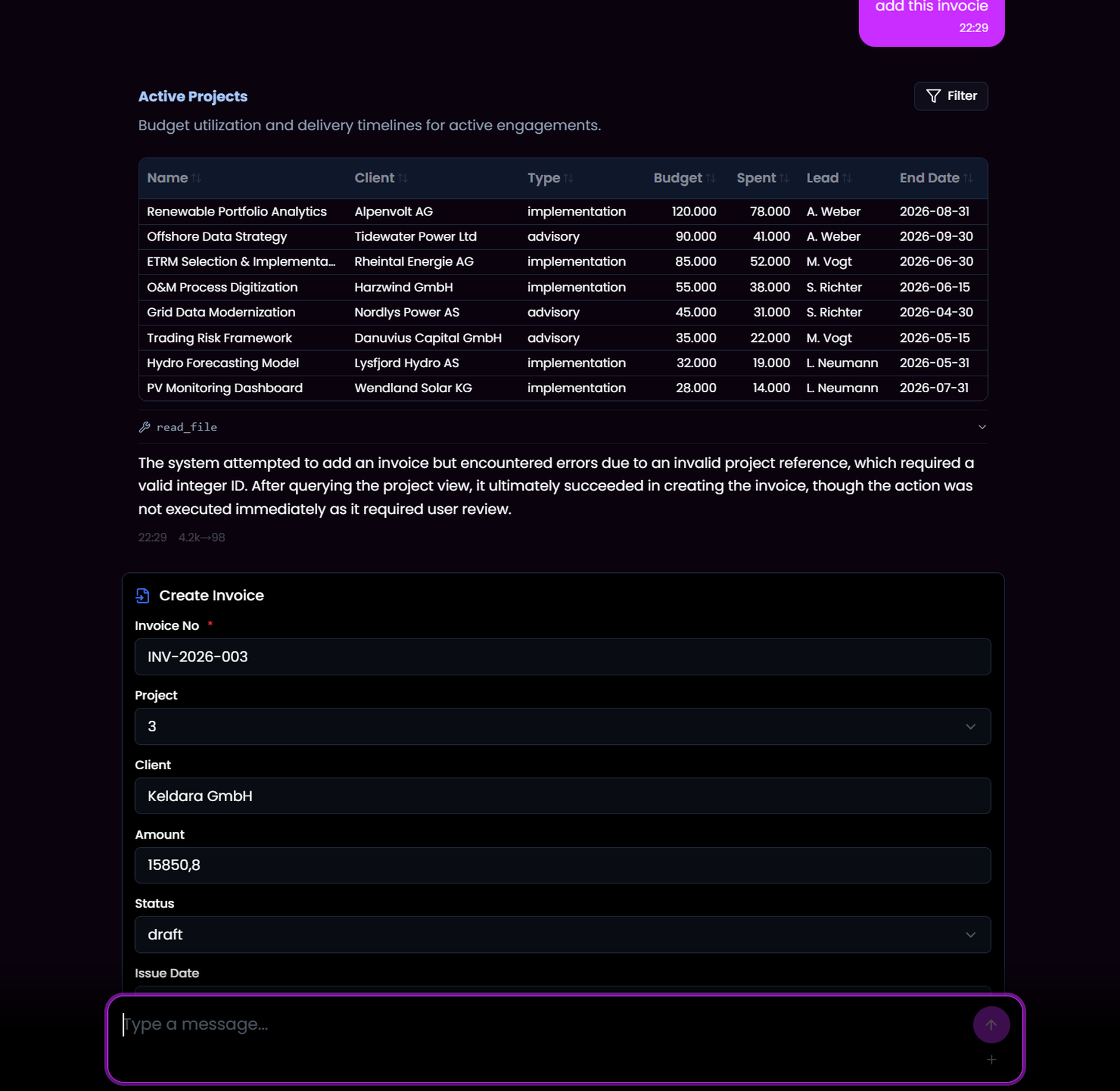AI executing actions via chat with data views